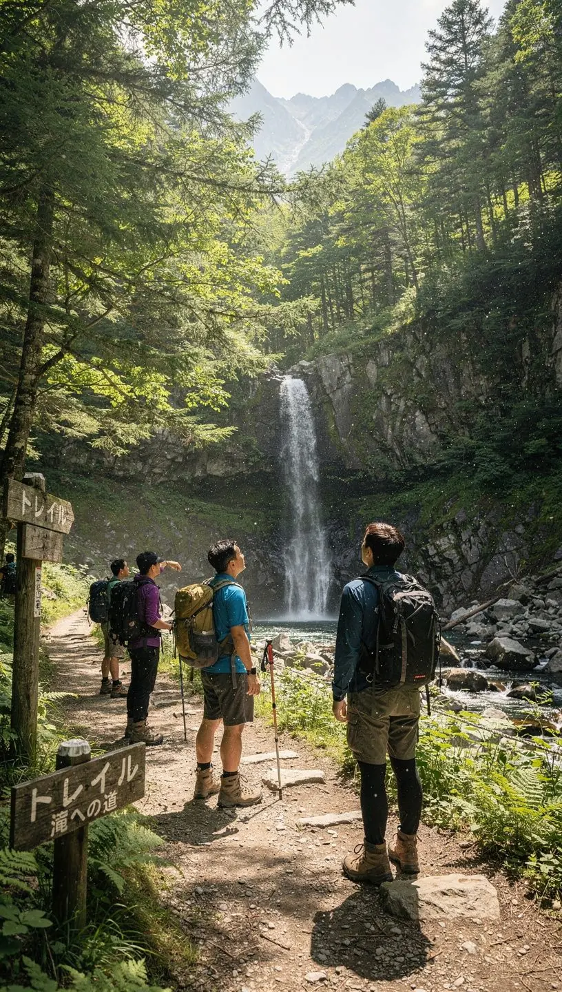 A family enjoying a picnic in a picturesque park, surrounded by lush greenery and mountains in the background.